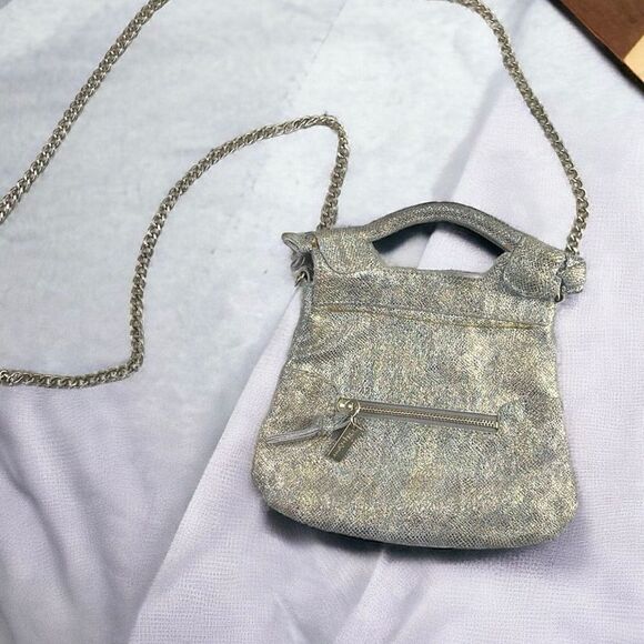 Foley & Corinna Iridescent Glittery Gold Chain Link Handle Crossbody Small Purse - Picture 1 of 12